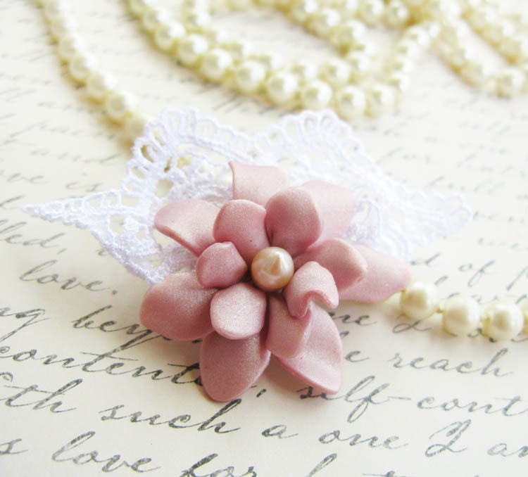 Soft Pink Polymer Clay Flower and Freshwater pearl - Lace Brooch - Accessorize Anything -  Beautifully Packaged