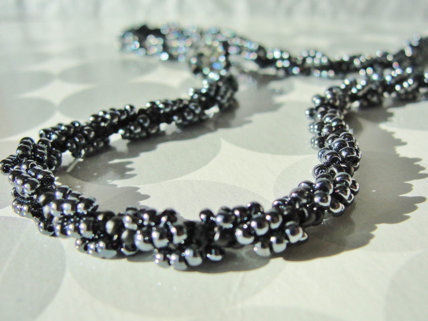 Gunmetal Spiral Woven Necklace 16 1/2" Swarovski Crystal Glass Seed Bead Black Gray