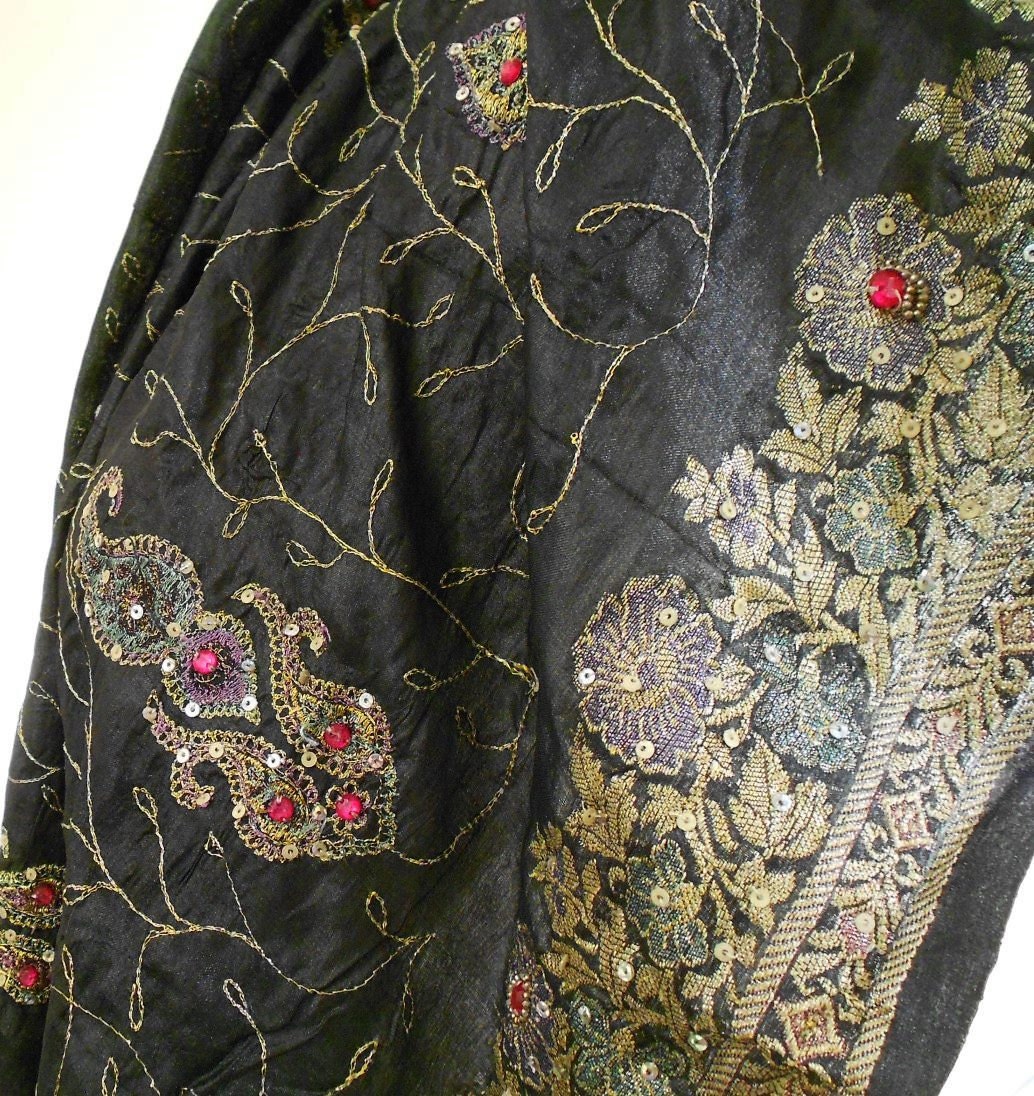 Black Silk Scarf, Embroidered Scarf, Beaded Scarf, Silk Sari Scarf, Wedding Wrap, Silk Shawl