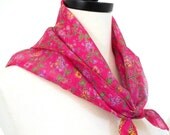 Pink Silk Neck Scarf, Pinup Scarf, Small Square Scarf, Pink Floral Scarf, Silk Sari Scarf, Kerchief