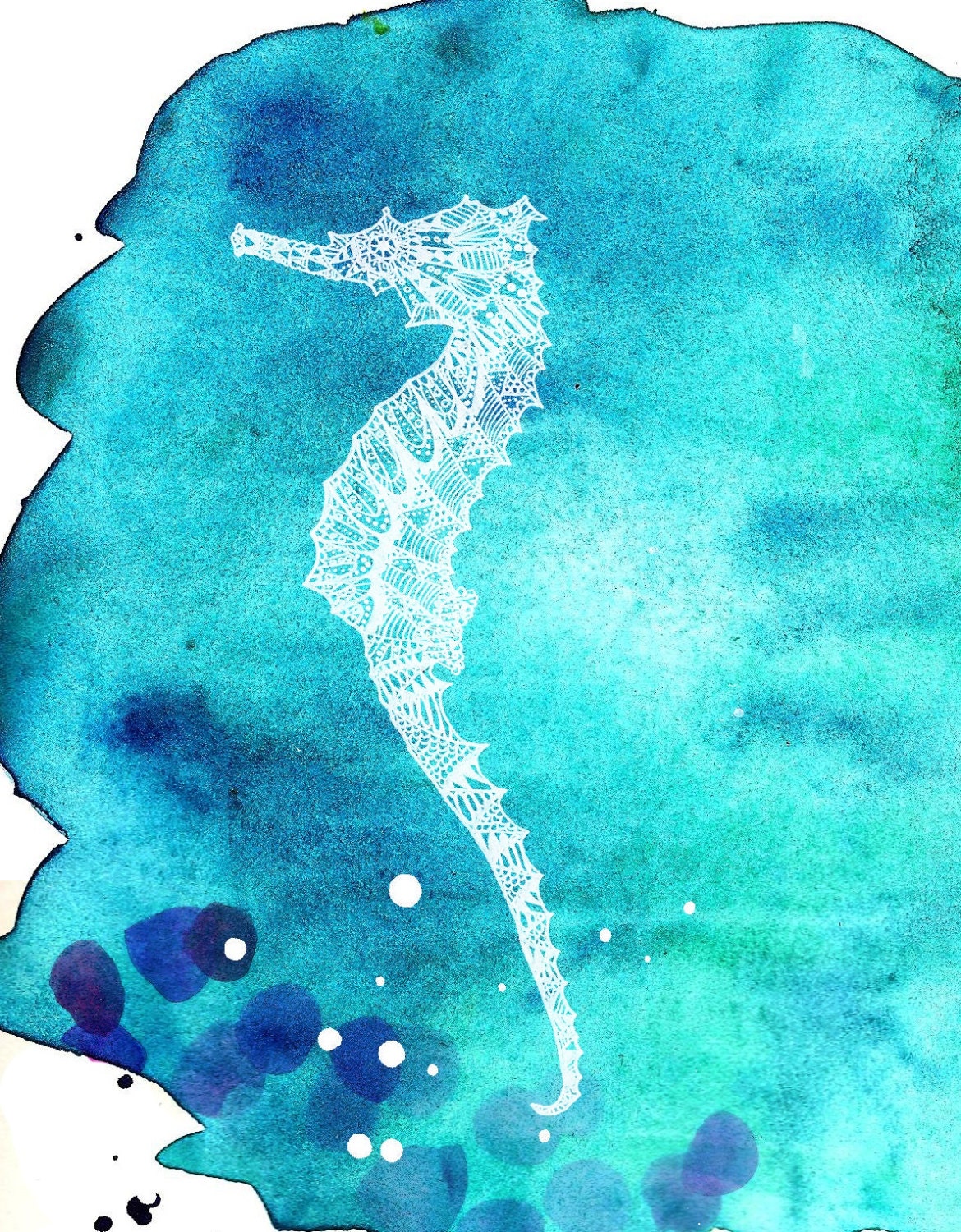Seahorse Blue - ink, watercolour & collage illustration print on archival paper