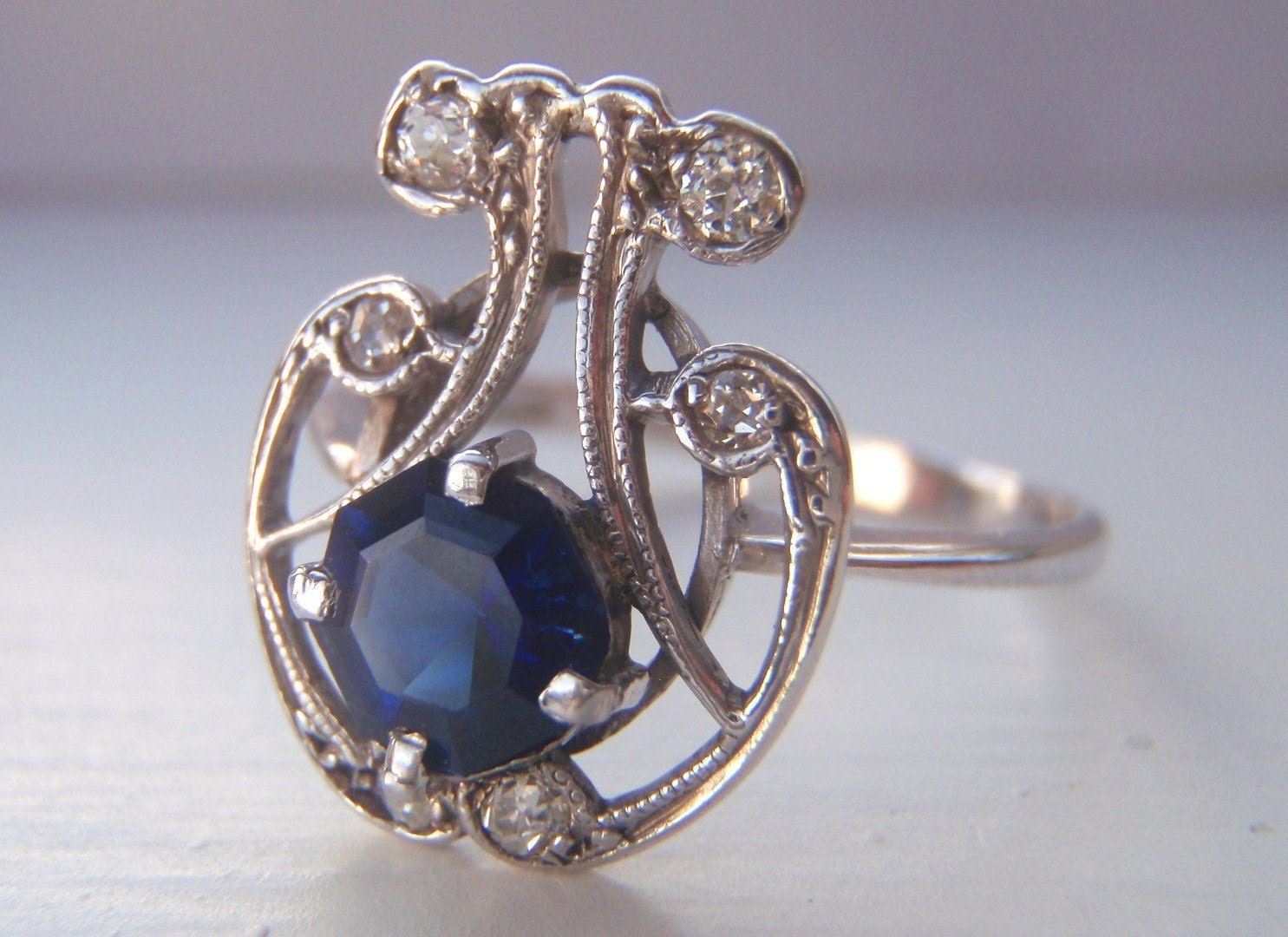 Vintage Art Deco Sapphire & Diamond Engagement Ring. 6 Old European Diamonds. 18ct White Gold. Elegant and Loaded with Character.