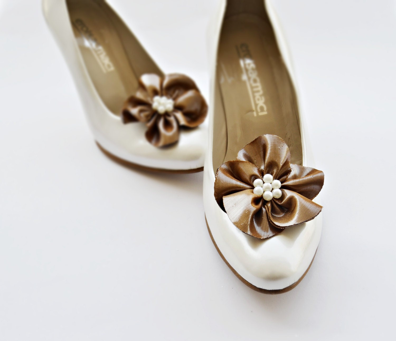 Taupe Vinyl Like Fabric Flower Shoe Clips