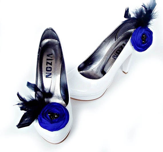 Royal Blue Fabric Roses with Black Feather Shoe Clips