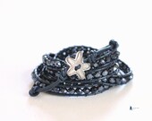 Starfish Jewelry, Fine Silver Beach Bracelet, Navy Blue Wrap Bracelet, 5x Wrap  PMC Leather Bracelet, Crystal, Starfish Bracelet