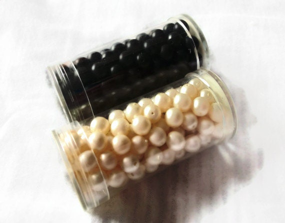 Black & White Glass 6mm Beads: vintage supplies, Gutermann brand beads, original containers
