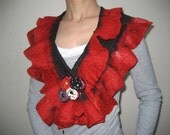 Black red nuno felt wool shawl wrap scarf ruffle fringe. OOAK, scarlet