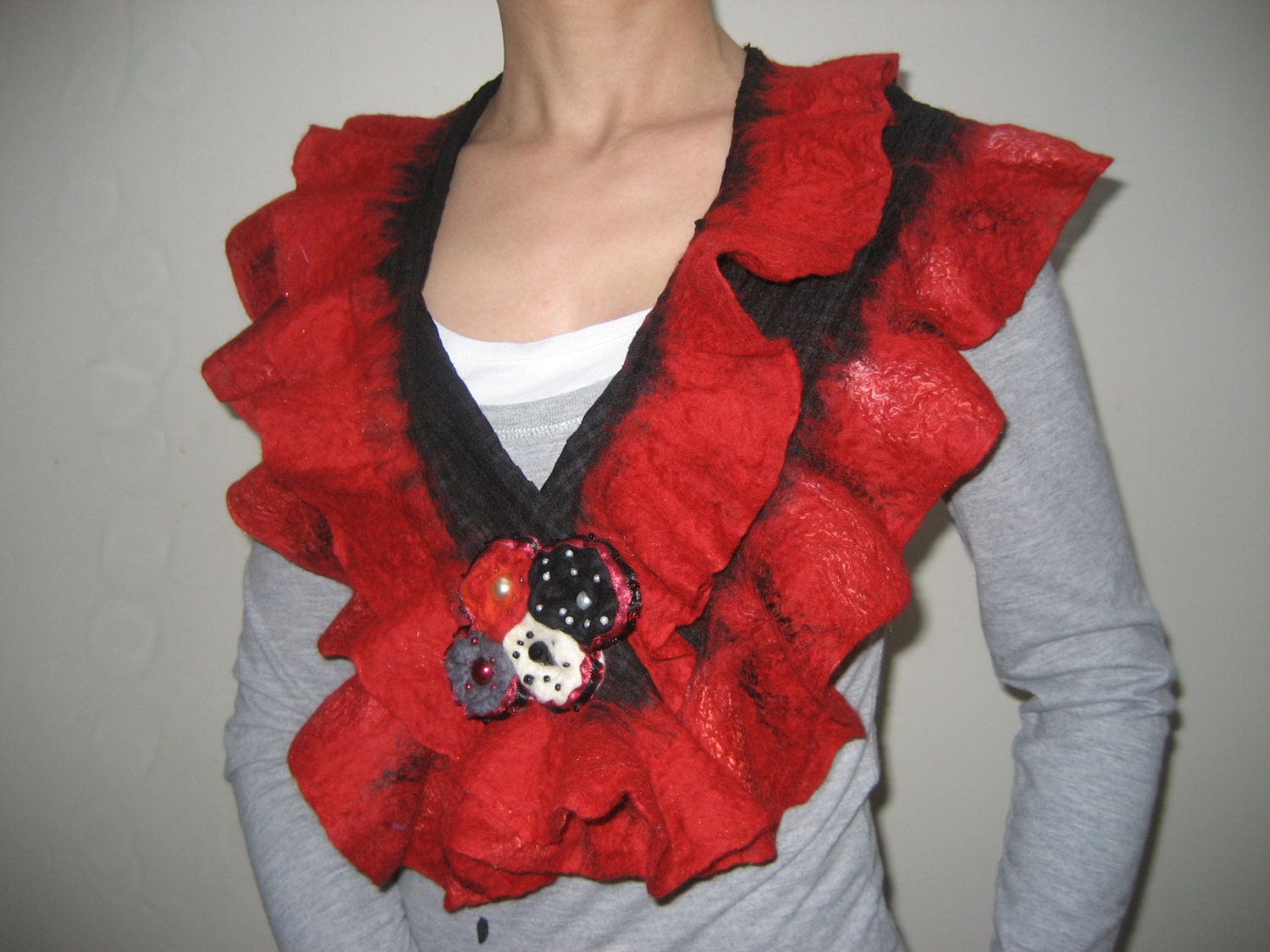 Black red nuno felt wool shawl wrap scarf ruffle fringe. OOAK, scarlet