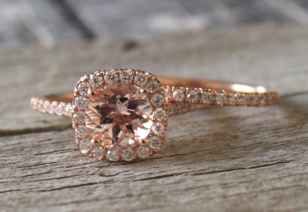 SET - Morganite Engagement Ring Set in 14K Rose Gold Halo Diamond Setting