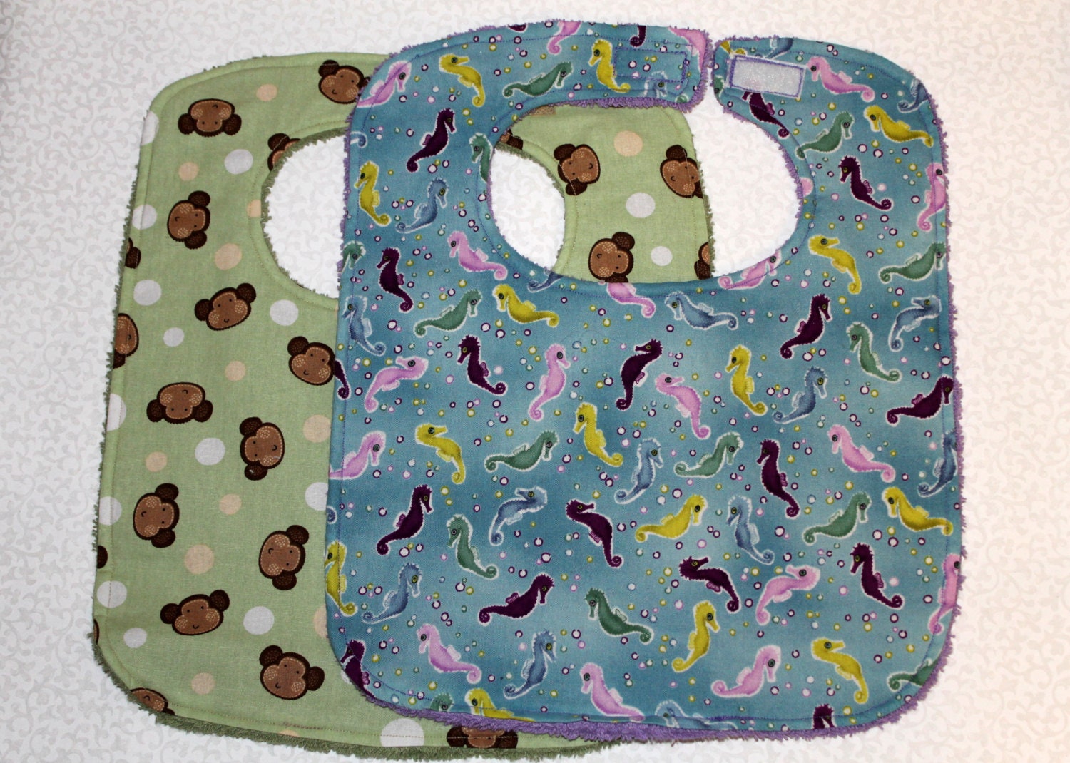 Baby/Toddler Bib Set of Two - Monkey Bib and Seahorse Bib - Cotton and Terry Cloth  - Gender Neutral - Oceanlvrcrafts