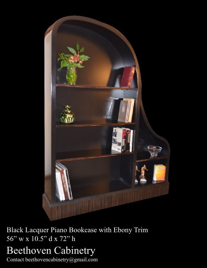 Baby Grand Piano Bookcases in     Cherry, Honduras Crotch Mahogany, Linen White Lacquer, Black Lacquer with Ebony Trim
