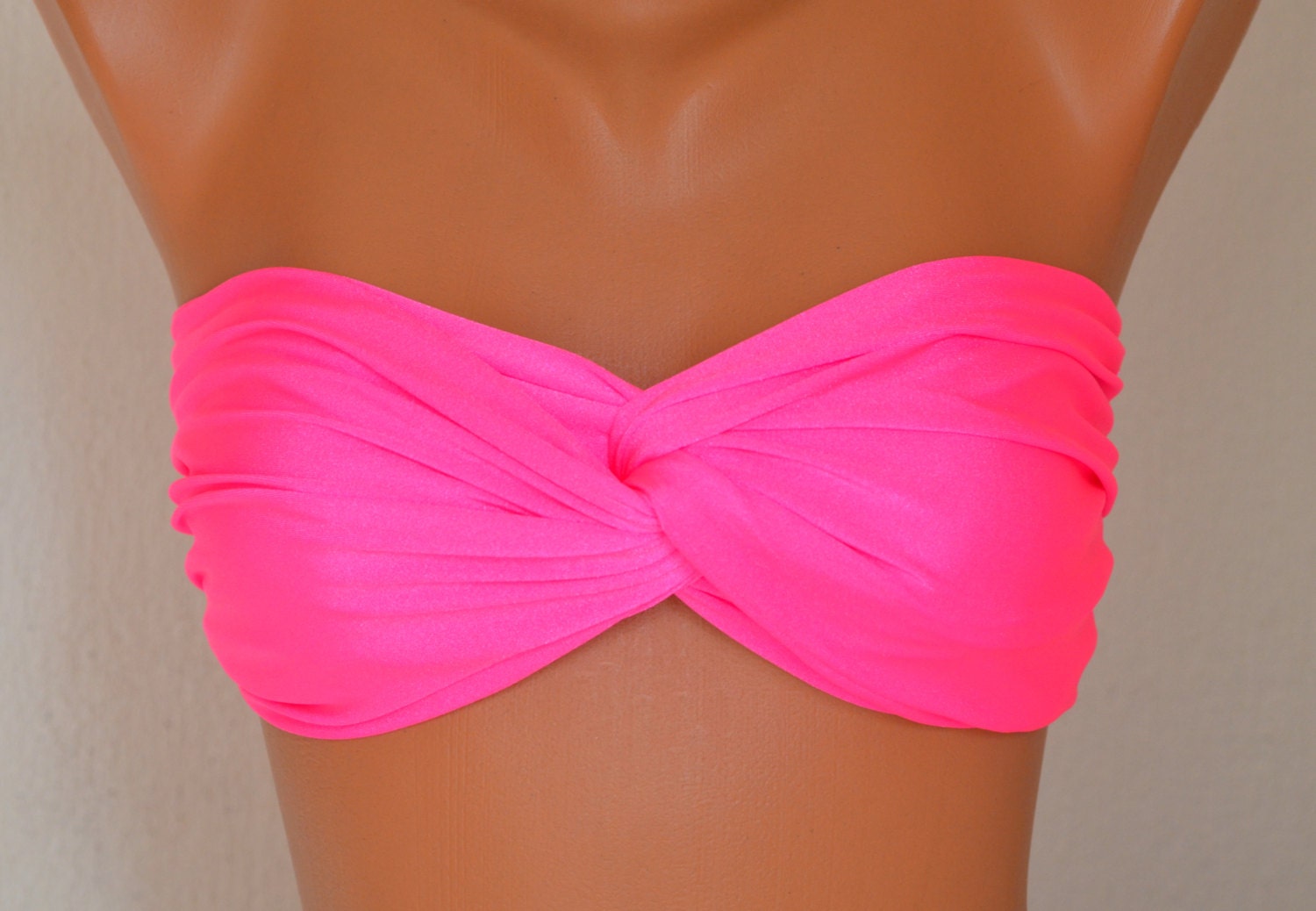 Neon pink spandex twisted swimsuit bandeau strappless bra bikini top swimwear bandeau bikini girly accessories