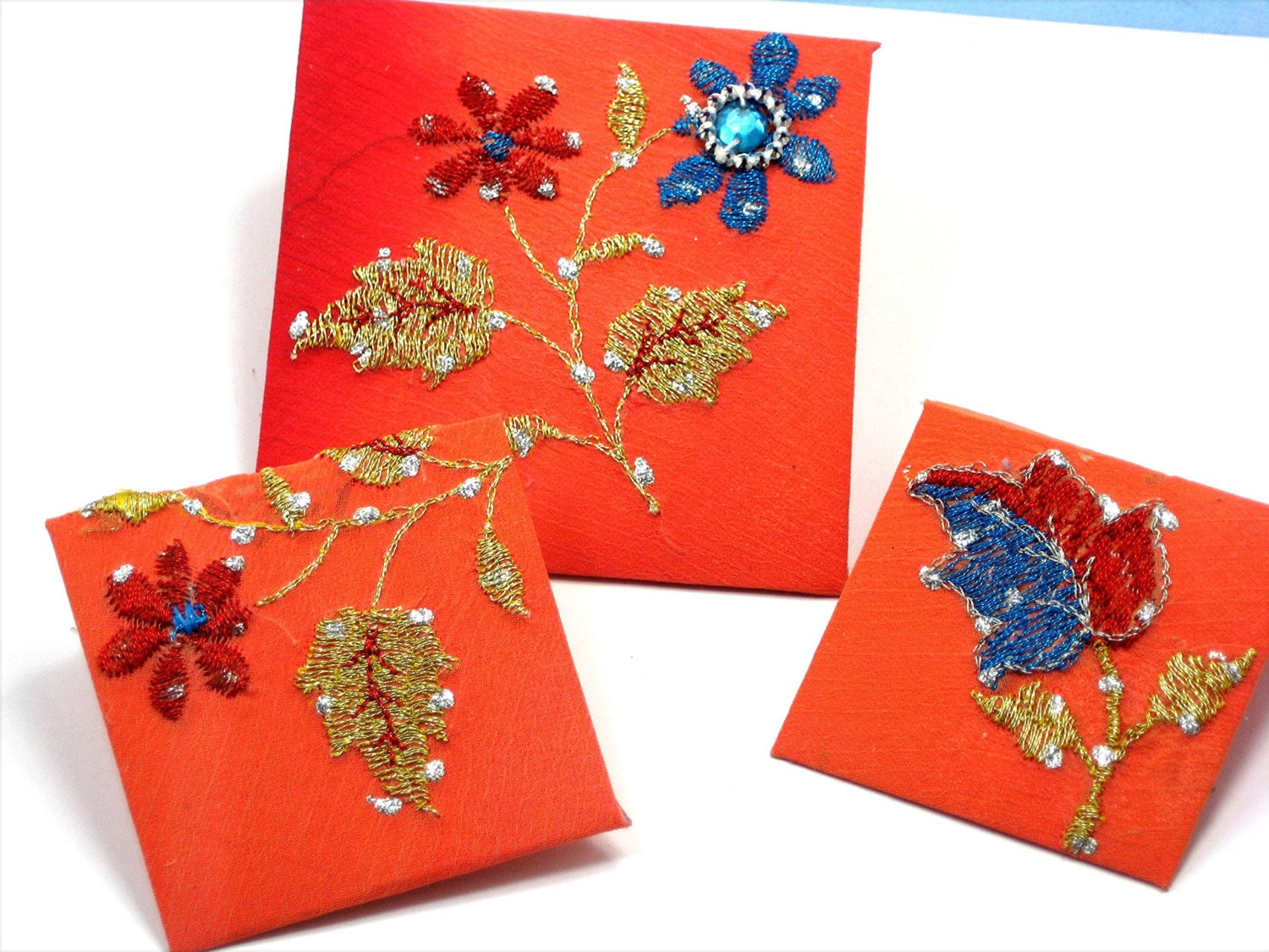3 Orange Sari Chiffon Fabric Envelope Set, Unique Hand Crafted Indian Sari Fabric Envelopes, Lined With Purple Cardstock