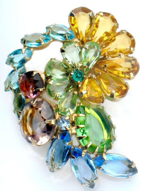 JULIANA Multicolor Brooch Rhinestone Flower Vintage High Fashion Collectable Jewelry Pin Yellow Blue Green Purple Summer Spring