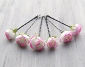 White Hot Pink Flowers Bobby Pins, Roses Bridal Hair Pins, Woodland, Bridal Hair Clip, Flower Clips, Wedding Hair Accessory, set of 6