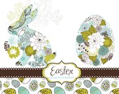 Easter Bunny, Digital Clip Art, Easter egg, Instant Download, Rabbit, Card Making, flowers, digital paper, Personal and Commercial Use