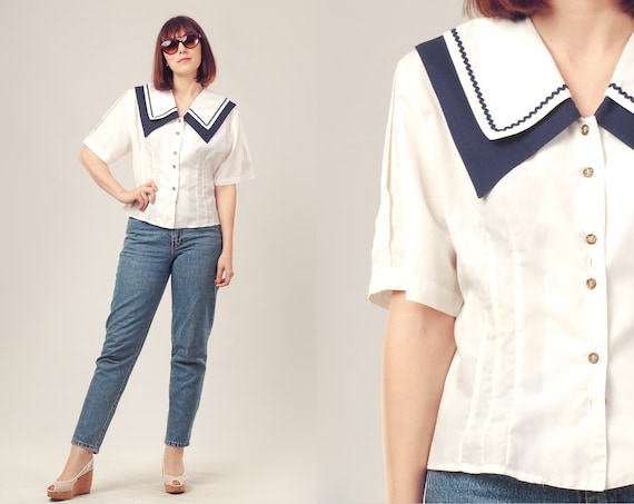 Items similar to SALE 50 OFF 80s White Nautical Shirt / Sailor Collar