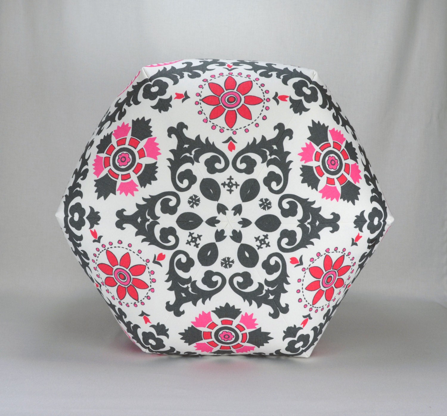 27" Wide By 18" Tall Floor Ottoman Pouf Pillow Hot Pink, Magenta, Gray & White - Rosa Flamingo Damask Contemporary Modern Print