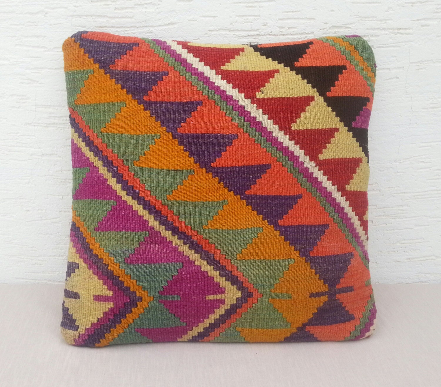 Modern Bohemian Handmade  Turkish Kilim  Pillow Cover ,Tribal Pillow,Decorative Throw Pillows, 20x20 inch,Yellow Green Purple Orange Black.