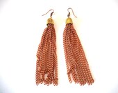 Long Copper Chains Dangle Earrings, Chain-Link Jewelry, Antique Gold Caps