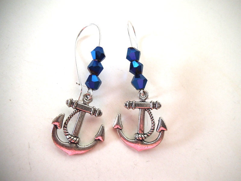 Sailing Inspired Anchor Earrings, Ocean Inspired Nautical Earrings with Deep Blue Sea Crystals