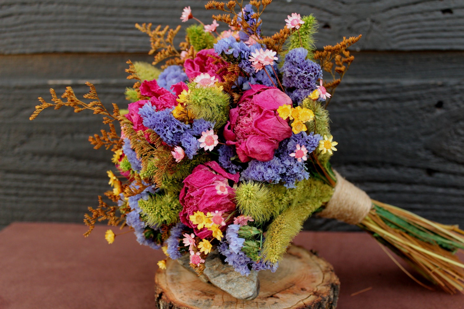 Wedding Bouquet, Country Meadow Bridal Bouquet and Boutonniere Set with Dark Pink Peonies and Rustic Dried Flowers, Groom, Bridal Bouquet