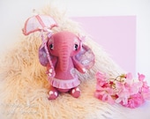 OOAK artist teddy, pink elephant felt toy, stuffed toy, plush, SweetPea, elephant with umbrella