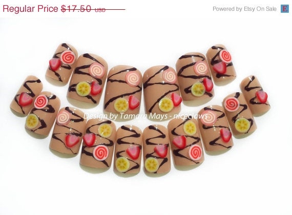SALE Banana Chocolate Dessert Fake Nails Kawaii 3D