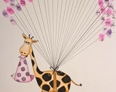 Hand Drawn Ink Giraffe with Baby and Balloons Ink Baby Shower Guest book