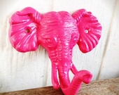 BOLD bright girly hot bubblegum pink cast iron elephant head wall hook // coat towel key jewelry hook // jungle safari animal