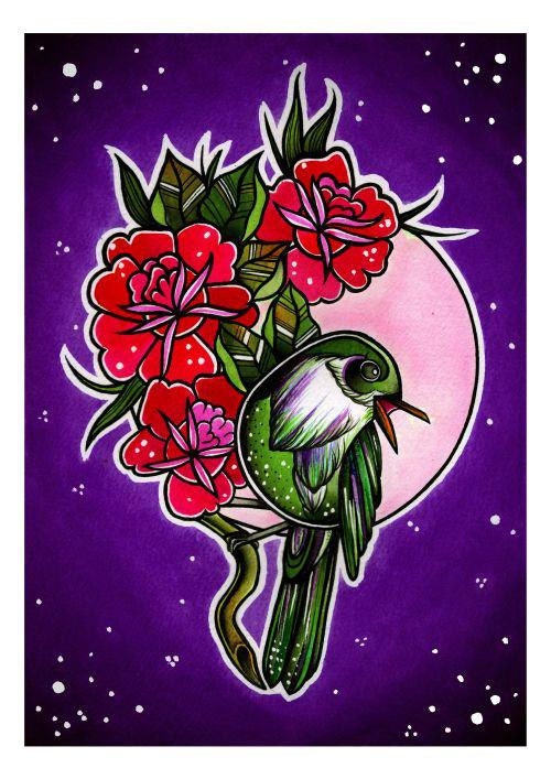 Night Sky Bird and Roses  - A4 Tattoo Flash Art Print