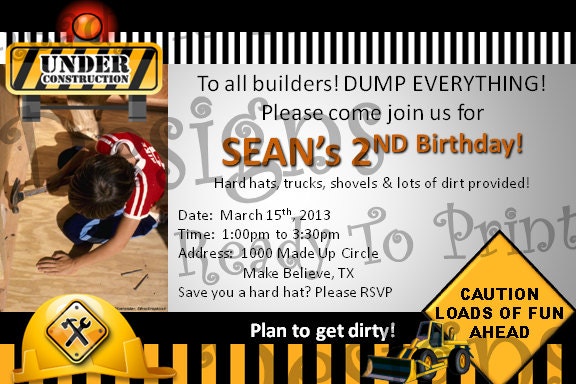 Photo Invitation - Construction Themed - 4 x 6 - Personalized - DIY Printable Party Decorations Il_570xn