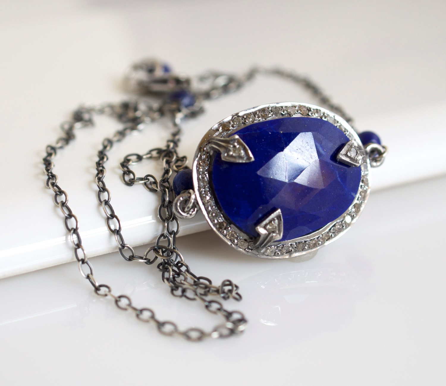 Bezel Set Lapis Necklace, Lapis Pendant Necklace, Oxidized Silver Necklace, Lapis and Diamond Neckace