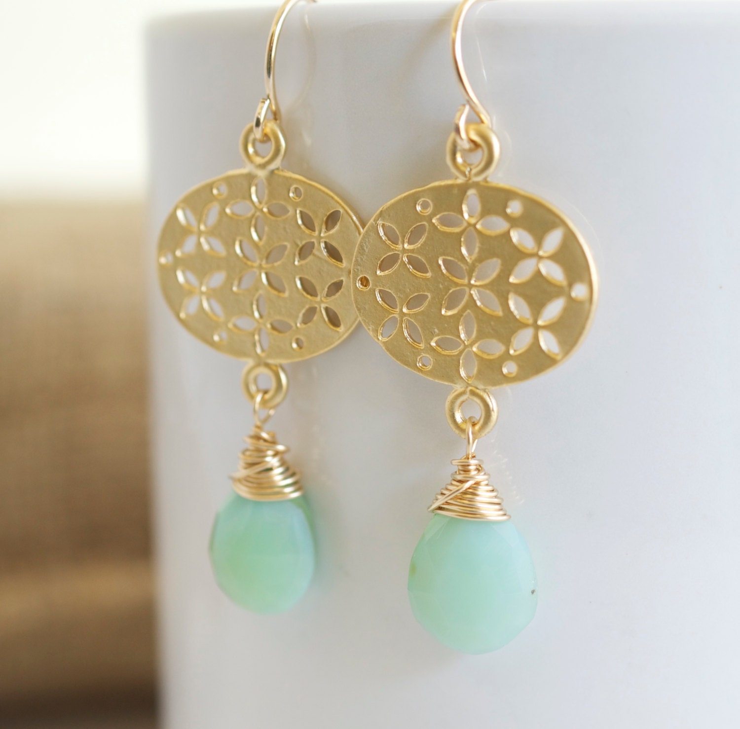 Chrysoprase Dangle Earrings, Green And Gold Earrings, Wire Wrapped Earrings, Green Earrings, Modern Earrings