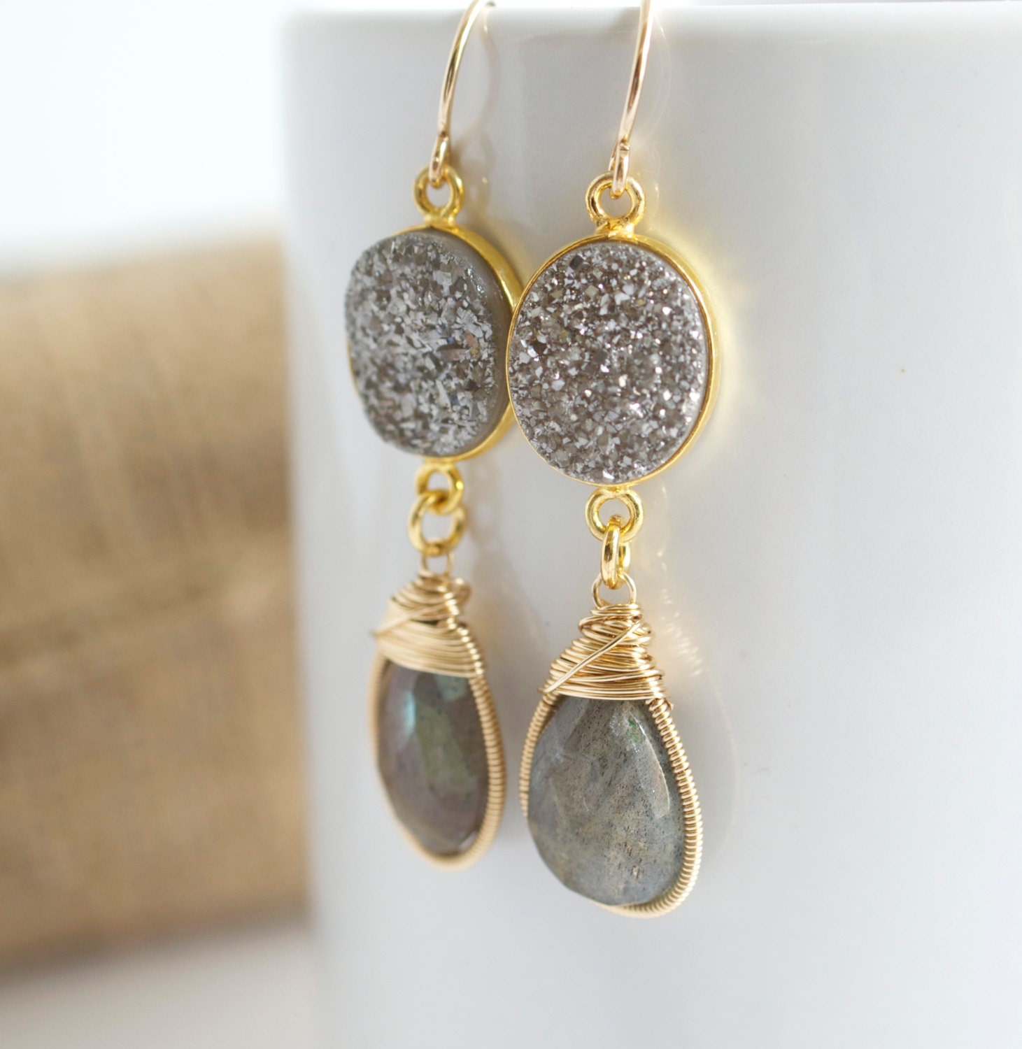 Labradorite Dangle Earrings, Druzy Earrings, Bezel Set Earrings, Gemstone Earrings