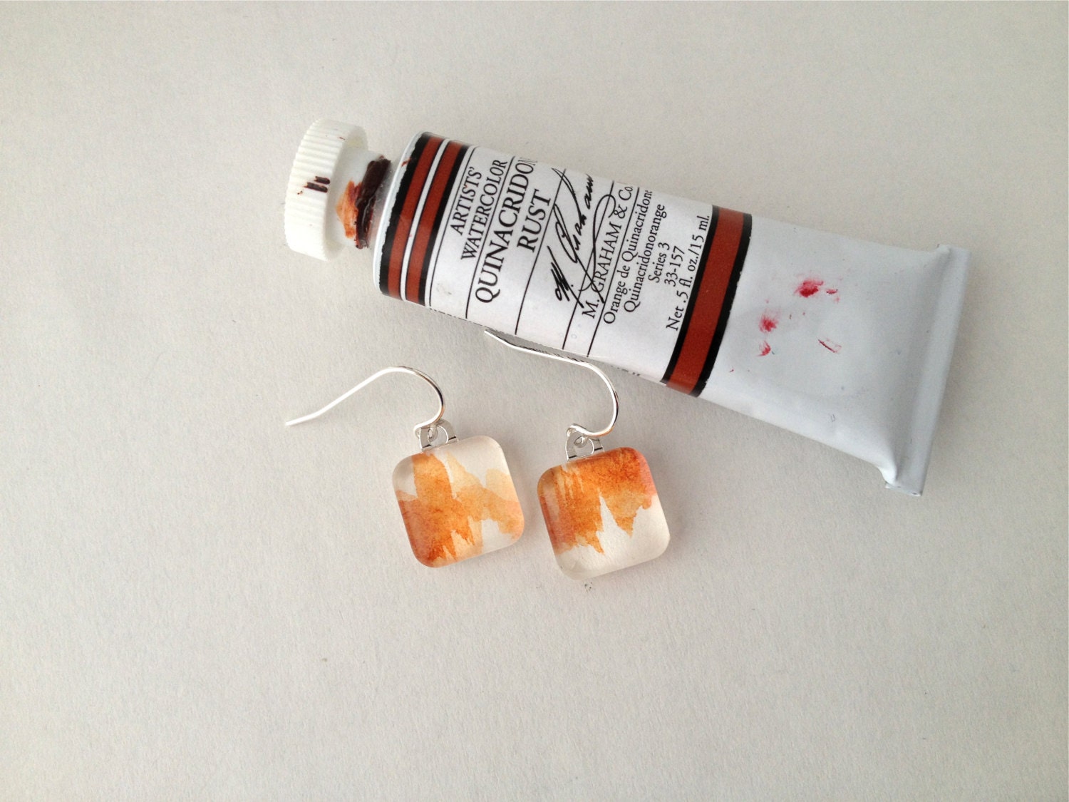 Abstract Quinacridone Rust - Wearable Artwork Earrings  - Original Watercolor Paintings - One of a Kind - Sterling Silver