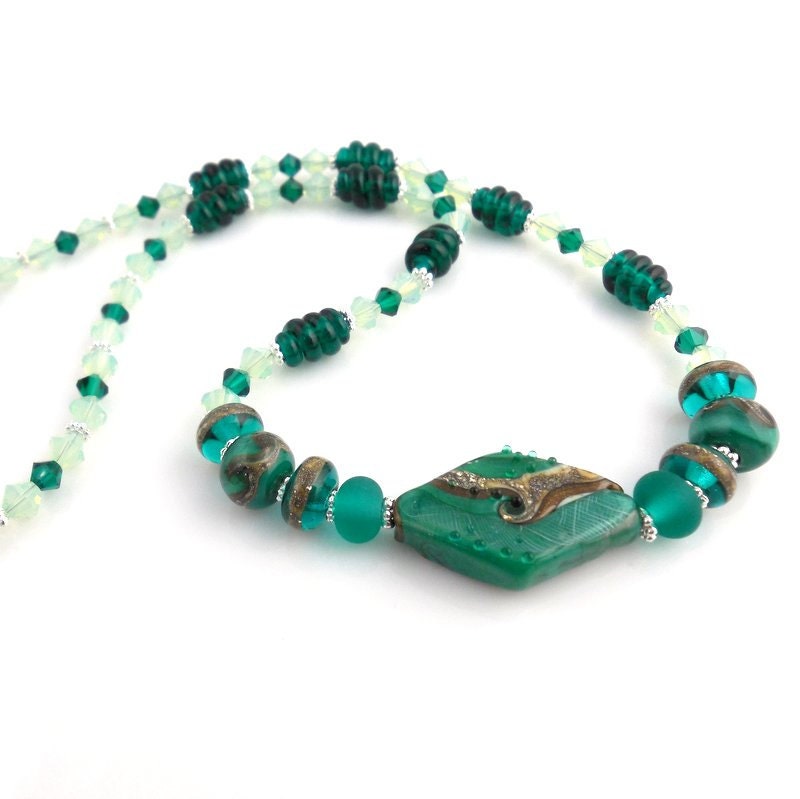 Turquoise Lampwork Necklace, Crystal Necklace, Lampwork Jewelry, Beaded Jewelry, Women's Jewelry, Gifts for Her