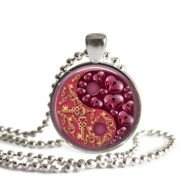 Ying Yang Keys to my Heart Glass Pendant