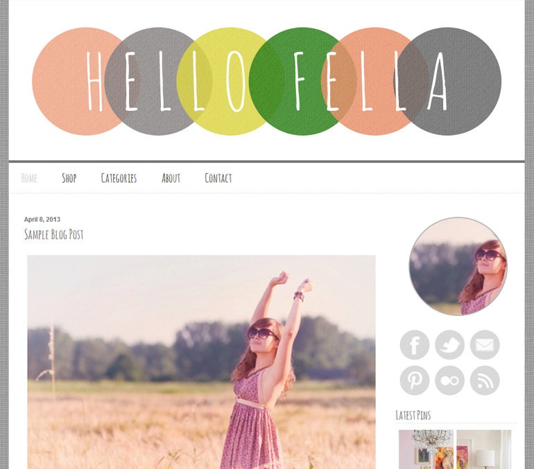 Premade Blogger Template Design - Hello Fella Blog Theme - grey textured bg, coral, green, grey, yellow