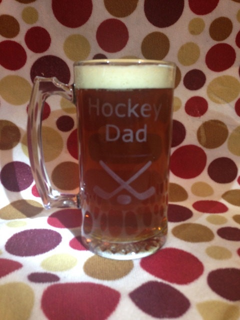 Beer Mug etched with Hockey Dad and Hockey Sticks