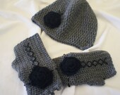 SET Fingerless Gloves, Beanie, Wrist Gloves, Crochet Fingerless Warmers,Womens Beanie Hat Grey with Black laces by N-Chanted Clocks & Gifts