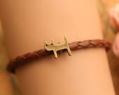 Mini kitty bracelet, cat bracelet,retro bronze SUPER cute kitty bead bracelet,brown braid leather bracelet---B250