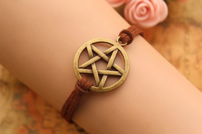 Supernatural Inspired bracelet,retro bronze pentagram pendant,brown rope bracelet---B302