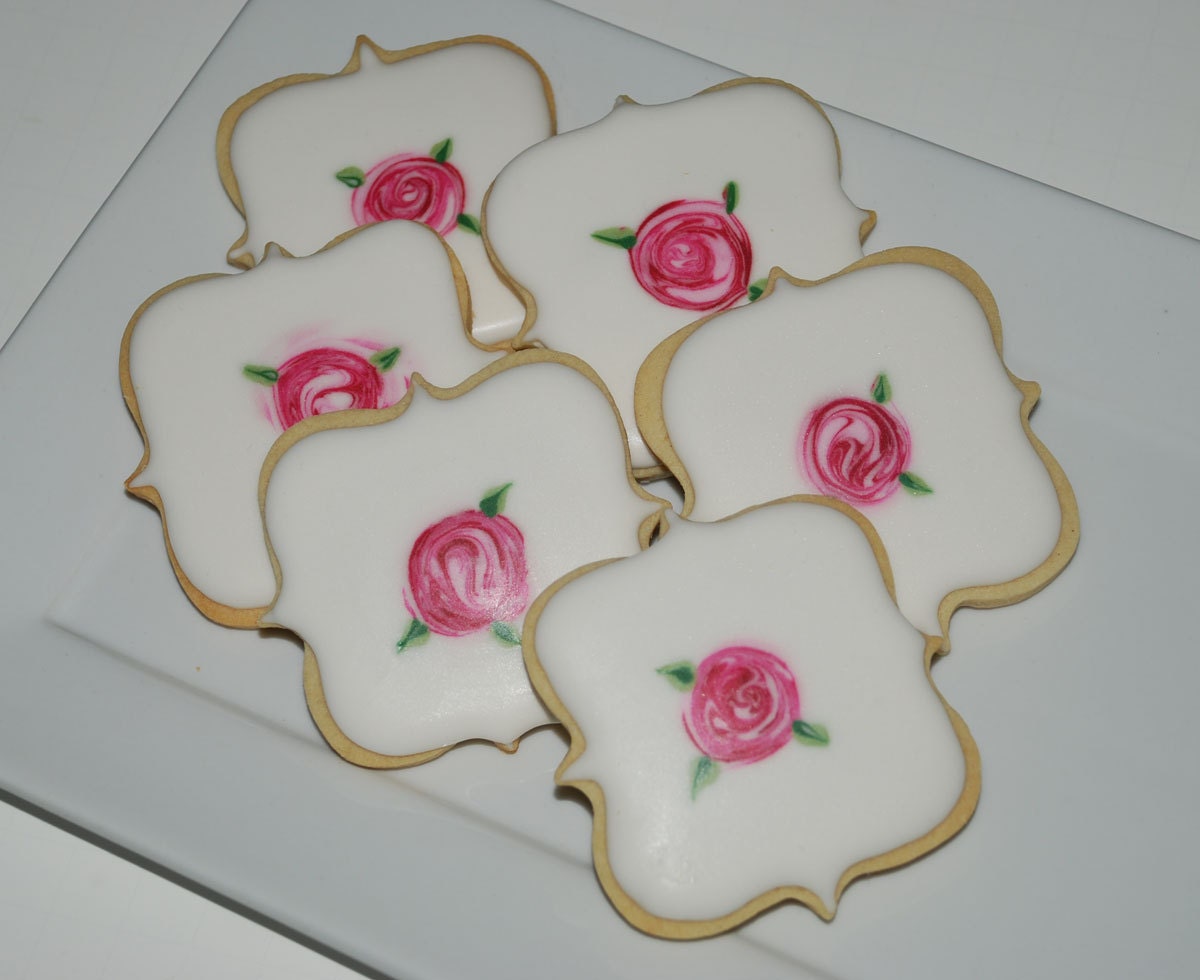 Shabby Chic Roses Fancy Plaque Cookies - One Dozen Decorated Cookies