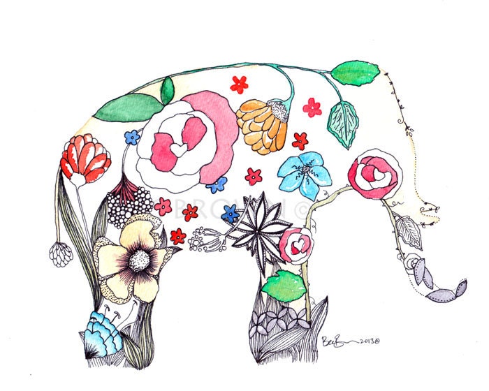 Floral Elephant Watercolour Art Drawing 8x10" Print (unframed)