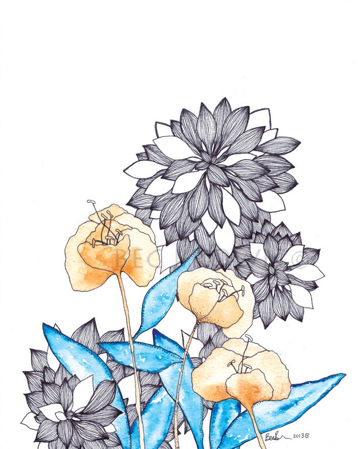 Mustard & Blue Flowers Watercolour Art Drawing 8x10" Print (unframed)