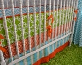 Custom Three Piece Crib Bedding in Orange, green and girly blue-Crib bumper, skirt and sheet