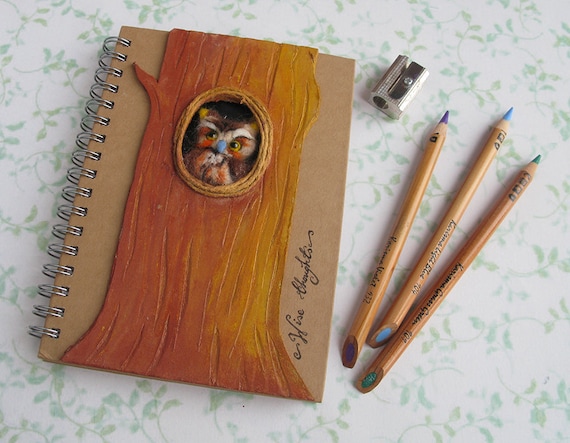 Owl Journal Notebook 'Wise Thoughts' Needle Felted Spiral Bound A6 Altered Kraft Note Pad