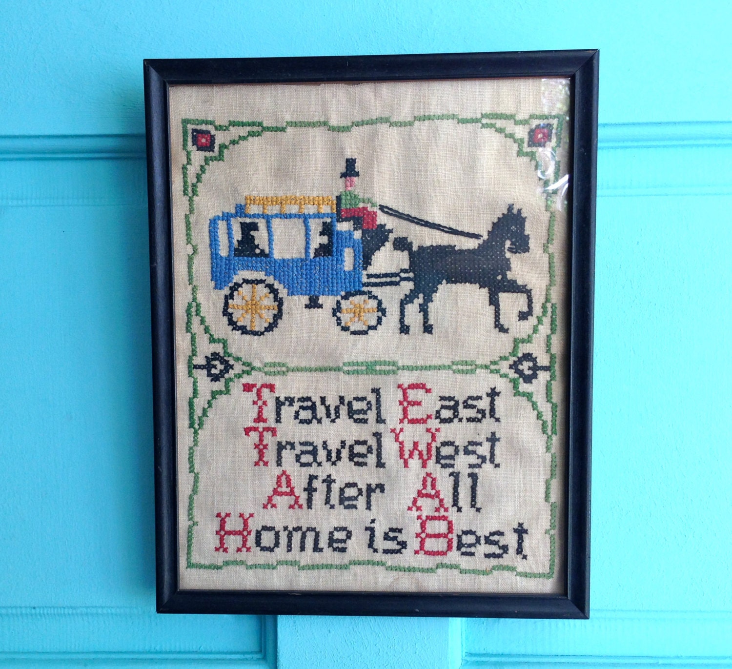 Antique 1940s Needlepoint Cross Stitch Sampler Home is Best