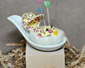 Pincushion Handmade Handcrafted Unique Designer Fabric Egg Flower Soup Chickadee " Mz Pouty Dot ""